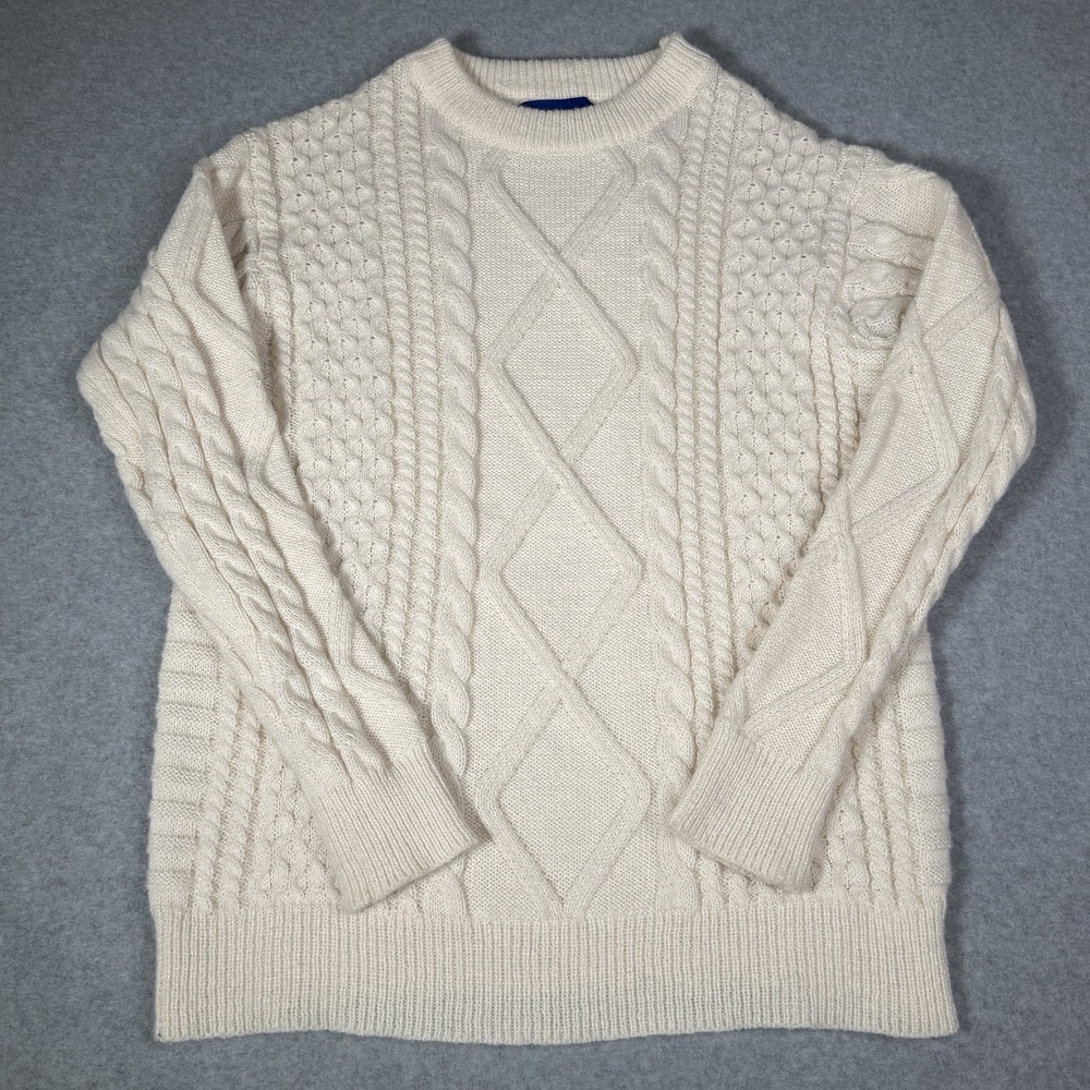 Aelfric Eden Men's Small White Cable Knit Crewneck Pullover Fisherman Sweater